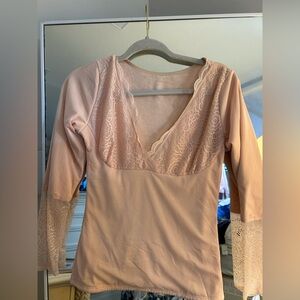 NEW Light Pink Thermal Underwear Tops Fleece Lined Lace Thermal Shirts V-Neck